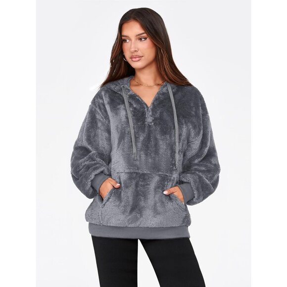 Women Dark Gray Oversized Fuzzy Fleece Zip up Hoodie Sweatshirt - Picture 3 of 5